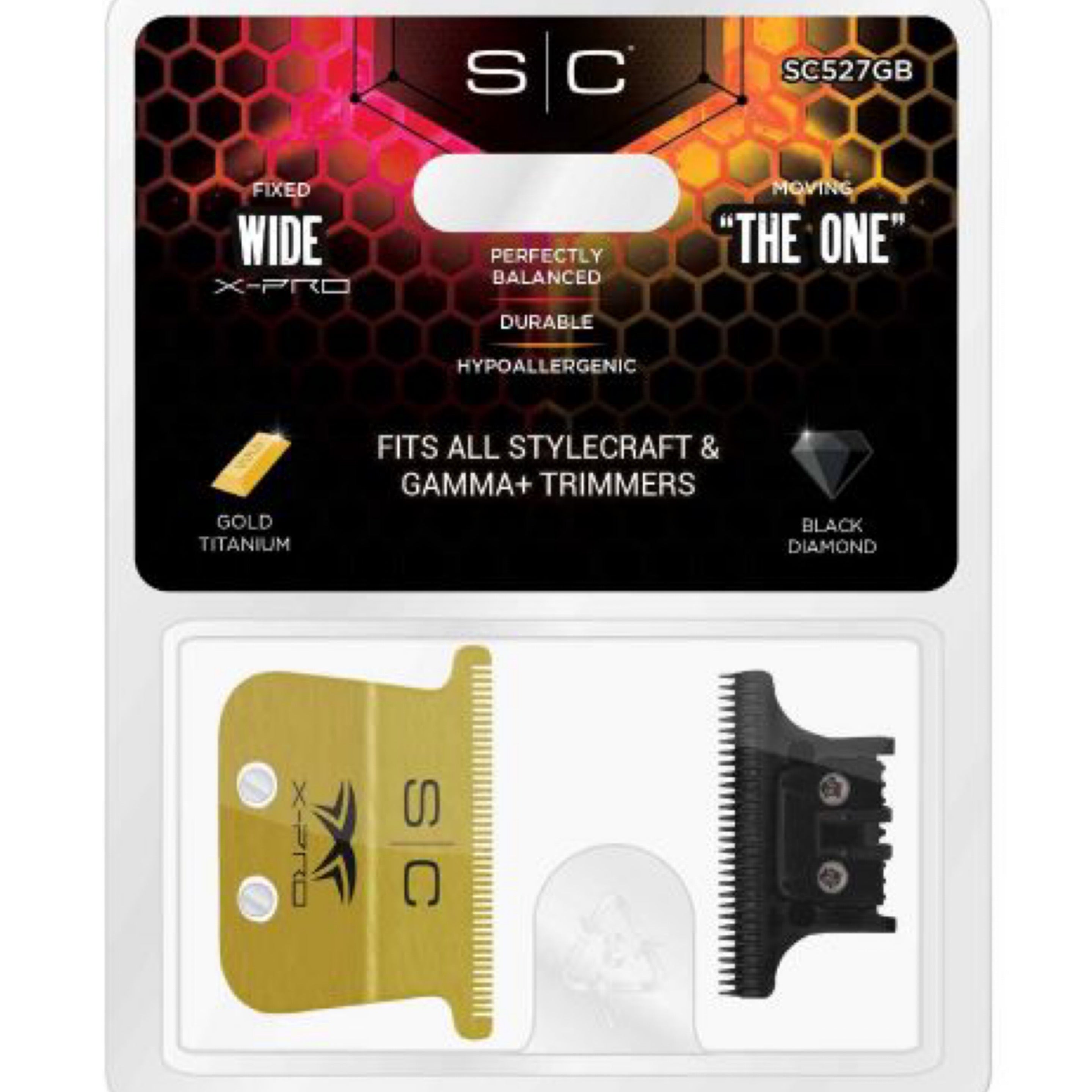 Gamma Fixed Gold Titanium X-Pro Wide Hair Trimmer Blade with Black Diamond Carbon DLC The One Cutter Set