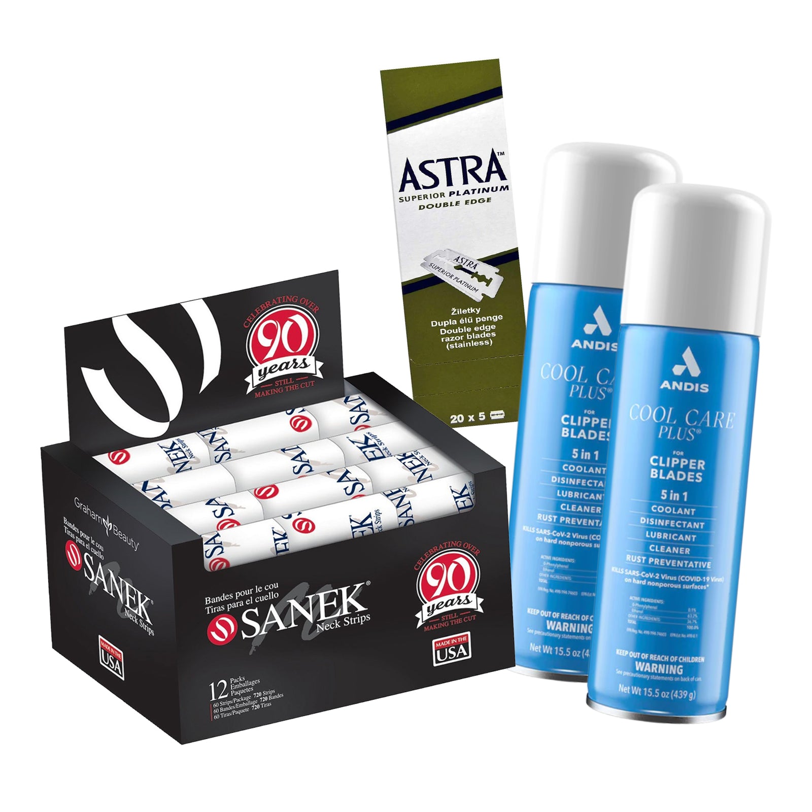 SANEK Neck Strips + ASTRA Razor Blades & (2) Andis Cool Care