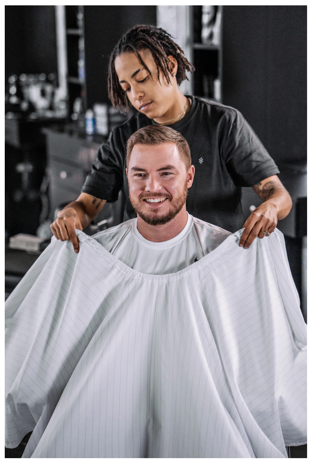Barber Strong - Barber Cape White with Black Pinstripe